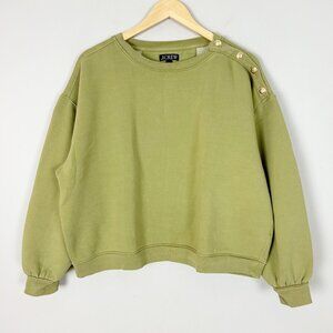 J.Crew Heritage Fleece Cropped Sweatshirt Green Button Shoulder Size Large Women